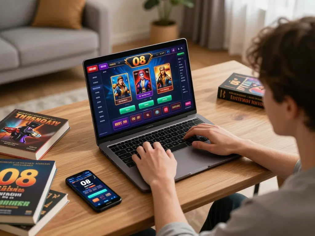Engaging online gaming session on O8 with a player using a laptop and mobile app in a cozy setting