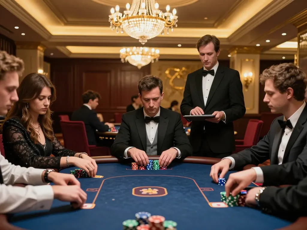 Players at a high-stakes poker table in the luxurious VIP area of BL555 casino.