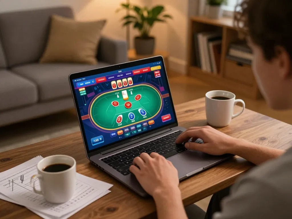 Player winning big on jun88 casino platform while enjoying a cozy home setting.