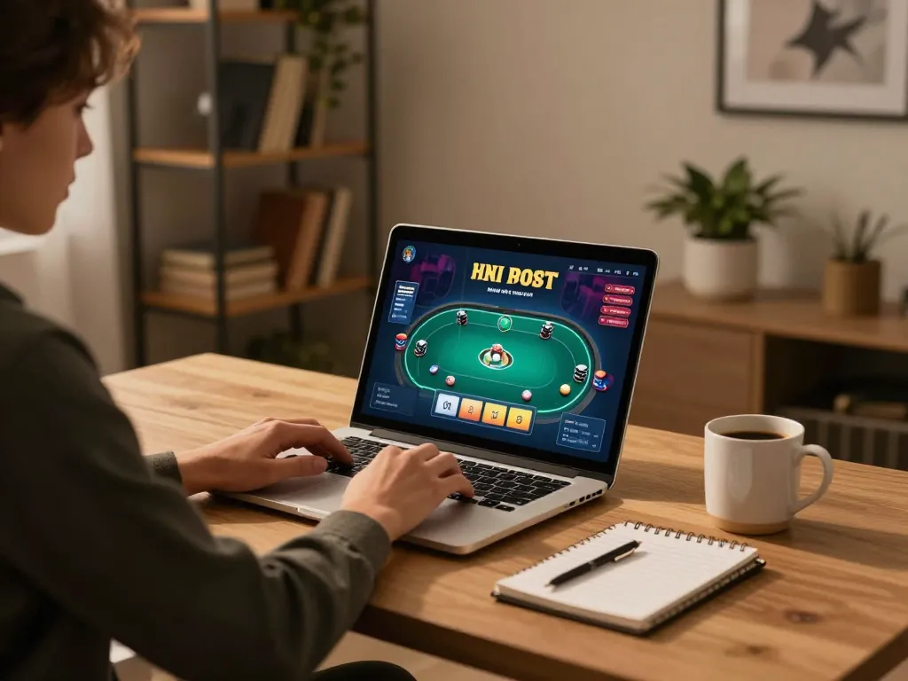 Bermain poker online di platform idn789 di kantor modern, menampilkan permainan strategis.