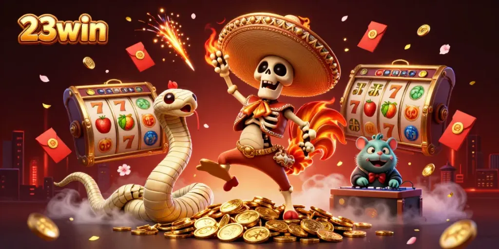 Experience the thrill of 23win's casino with vibrant characters celebrating on golden coins.