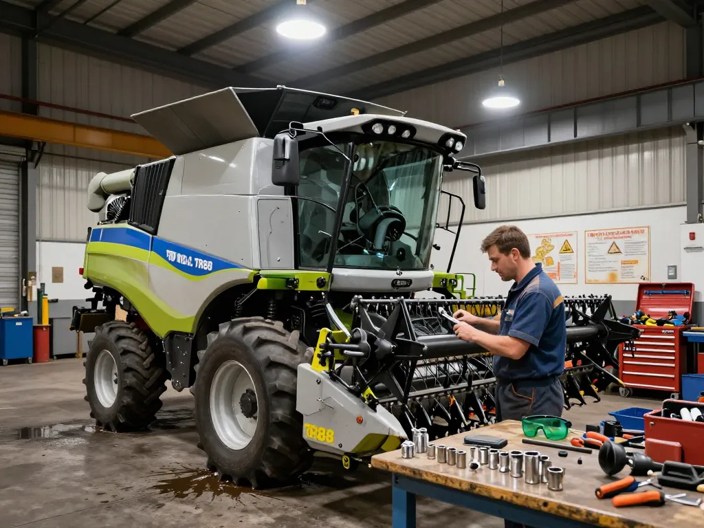 Technician inspecting New Holland TR88 combine harvester in workshop.