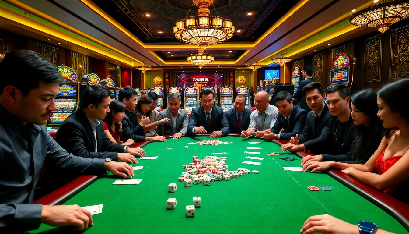 Tài xỉu MD5 players engaged in an exciting game at a vibrant casino table.