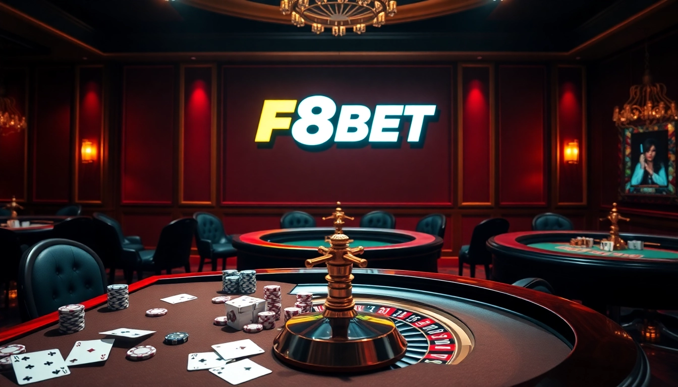 Experience the excitement of F8BET with a luxurious casino environment showcasing tables, chips, and digital interfaces.