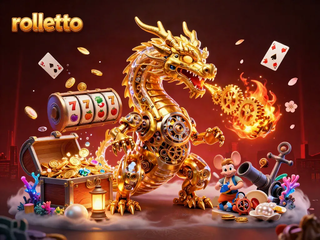 Engage in thrilling action at Rolletto Casino with golden dragon and vibrant slot symbols