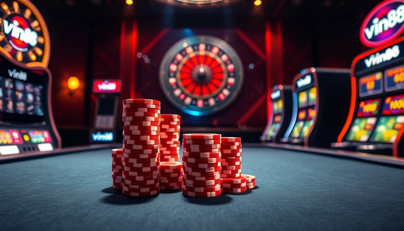 Experience the thrill of vin88 casino with vibrant poker chips and a roulette wheel.