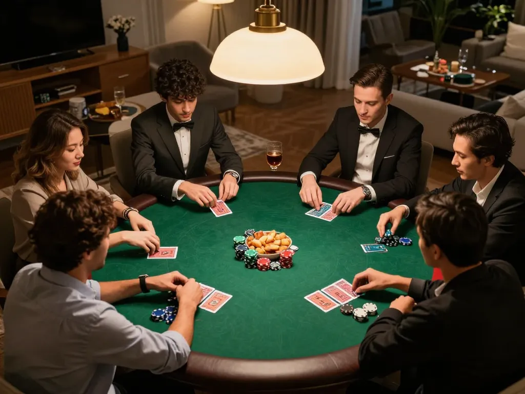 Players engaged in a thrilling poker game at home, showcasing the excitement of BL555 gaming strategies.