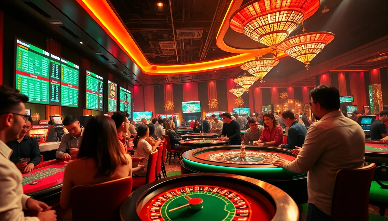 Exciting gaming scene at Nhà cái 32win showcasing diverse players engaging in sports betting and casino games.