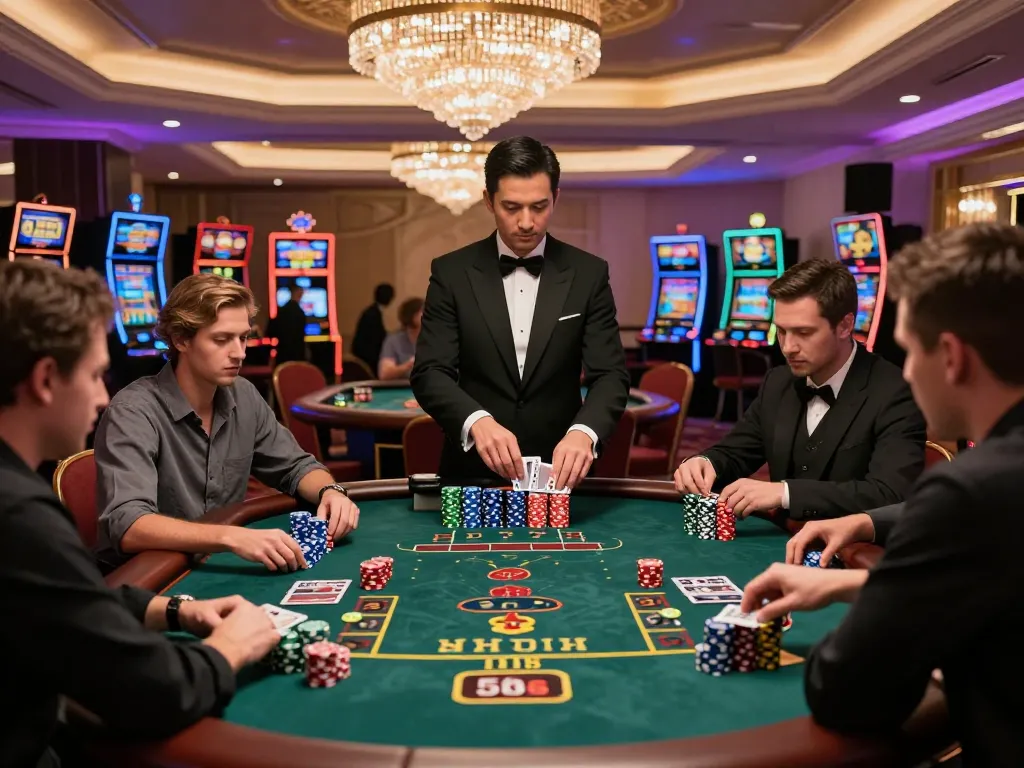 Players strategizing at 58win blackjack table amid elegant casino decor and vibrant atmosphere.