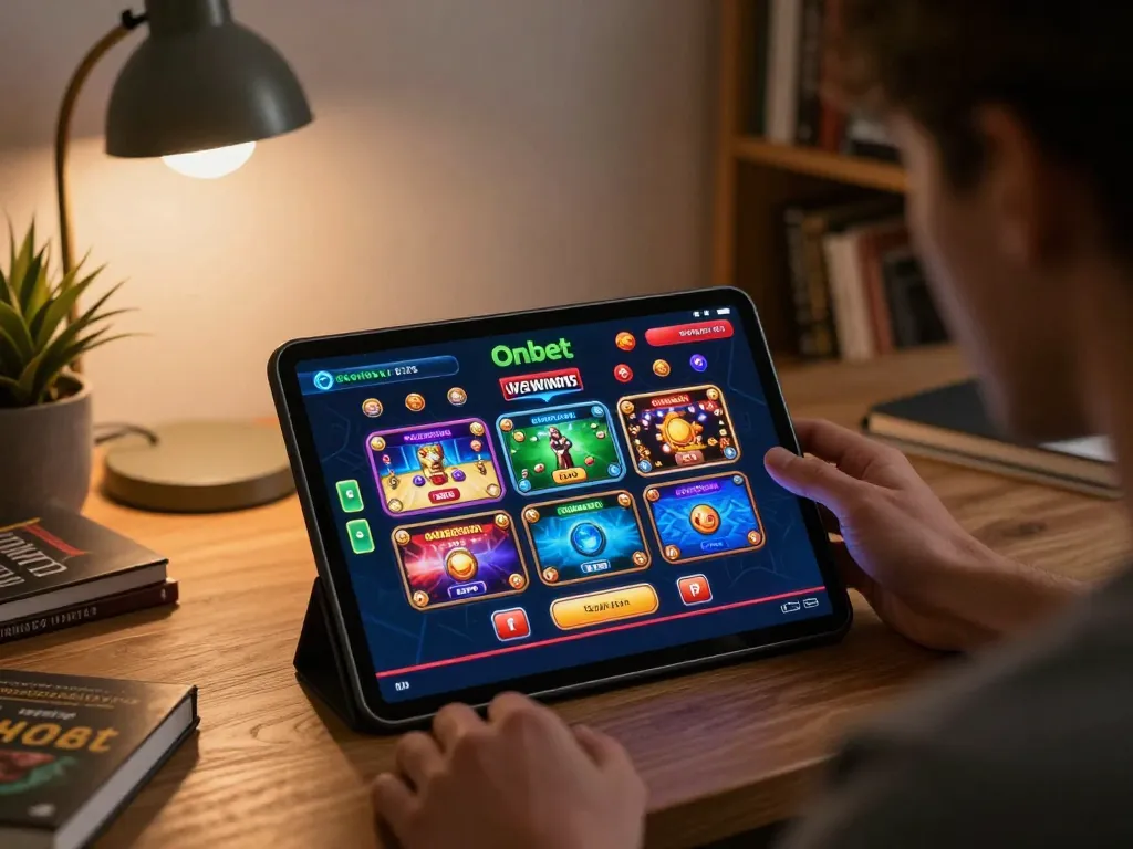 Player exploring Onbet's casino games on a tablet in a cozy home setting
