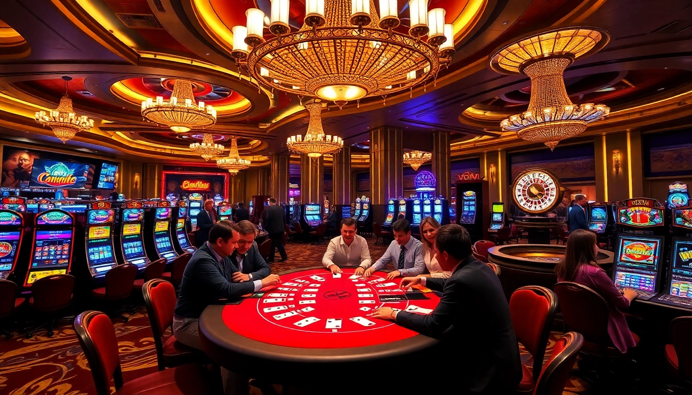 Players celebrating a win at a blackjack table in a luxurious casino with 7M branding elements.