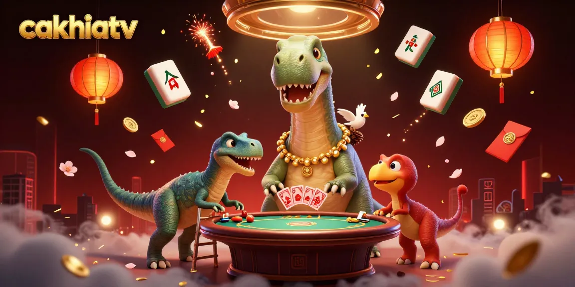 Cakhiatv brings excitement with a giant dinosaur dealer and rich casino elements in a lively scene.