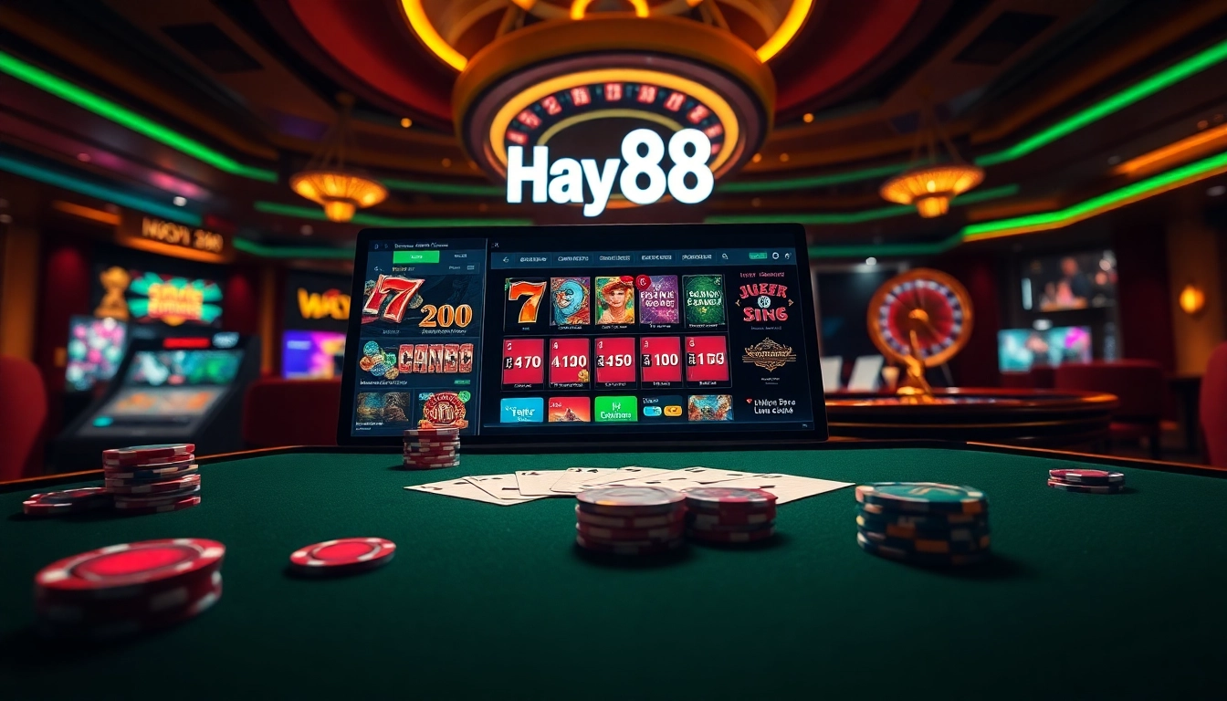 Hay88 casino gaming interface with vibrant visuals of poker chips and roulette wheel.