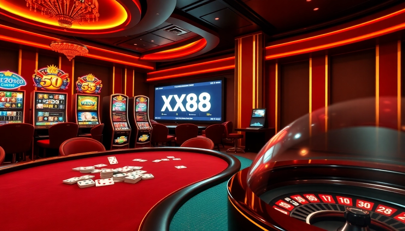 Experience thrilling gameplay at XX88 with poker cards and roulette in a vibrant casino setting.