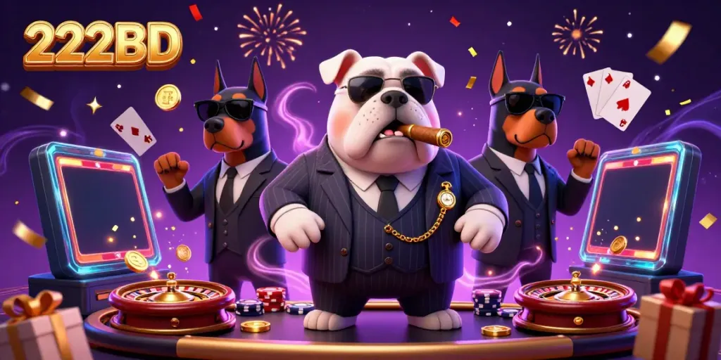 Engage with the thrilling 222BD casino experience featuring a mafia bulldog and action-packed gaming elements.