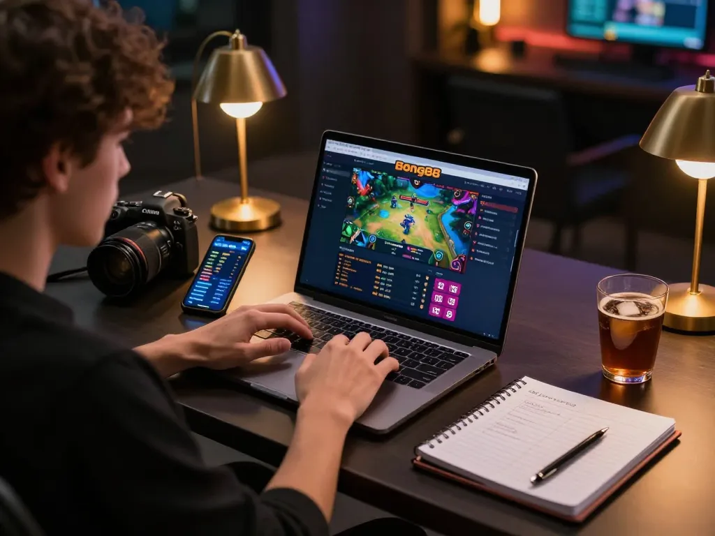 Engaging online gaming experience with Bong88, showing user betting on laptop with strategy notes nearby.