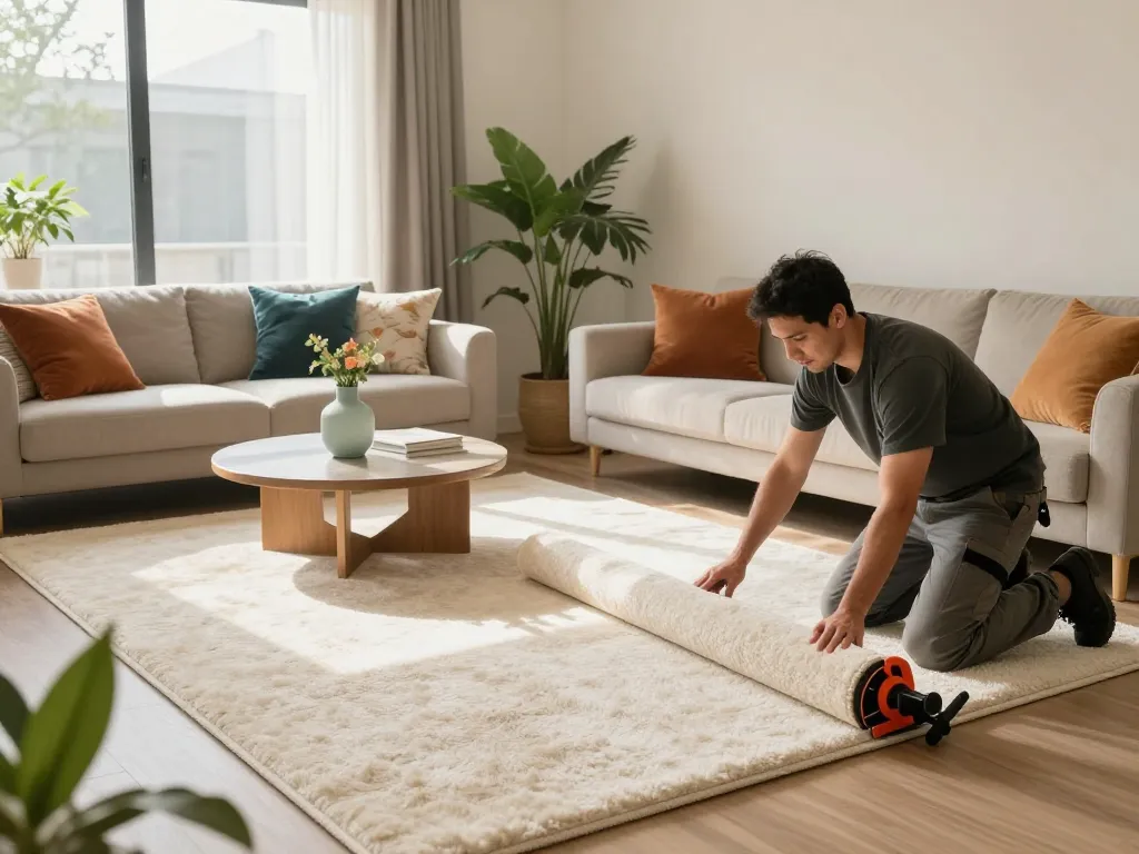Home carpet fitting services being professionally installed in a cozy living room with warm lighting and modern decor.