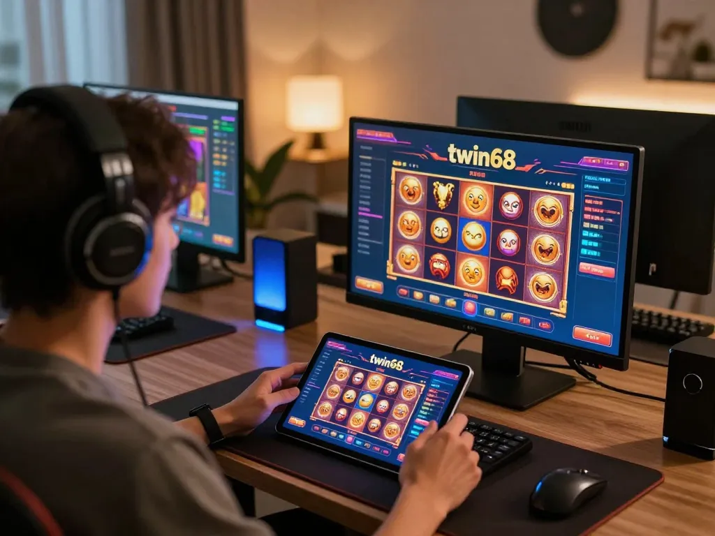 Engaging in twiin68 casino gameplay on a tablet in a modern home setup with ambient lighting