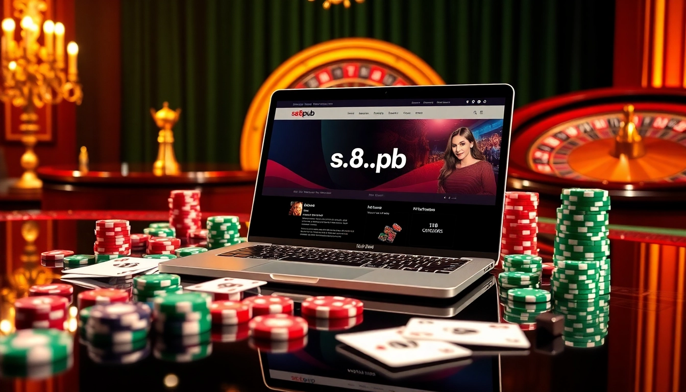 A vibrant casino scene featuring the s8.pub homepage with poker chips and dice, capturing the excitement of online gambling.