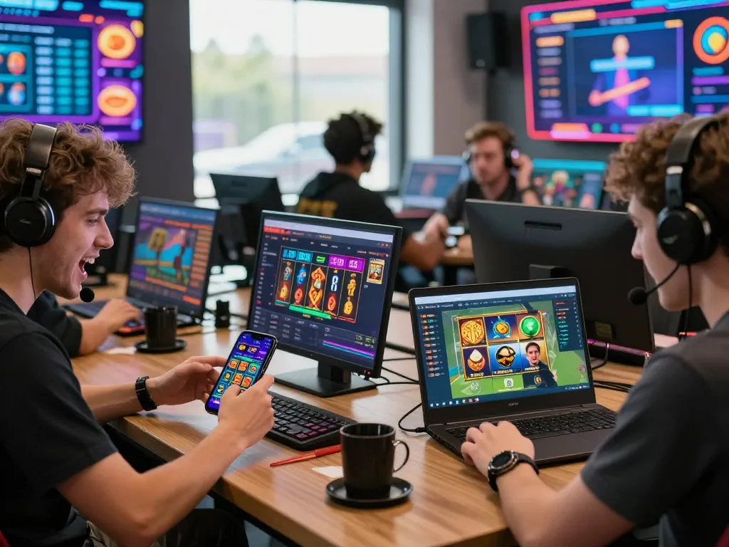 Players experiencing F168's vibrant online betting platform on various devices, capturing excitement and engagement.