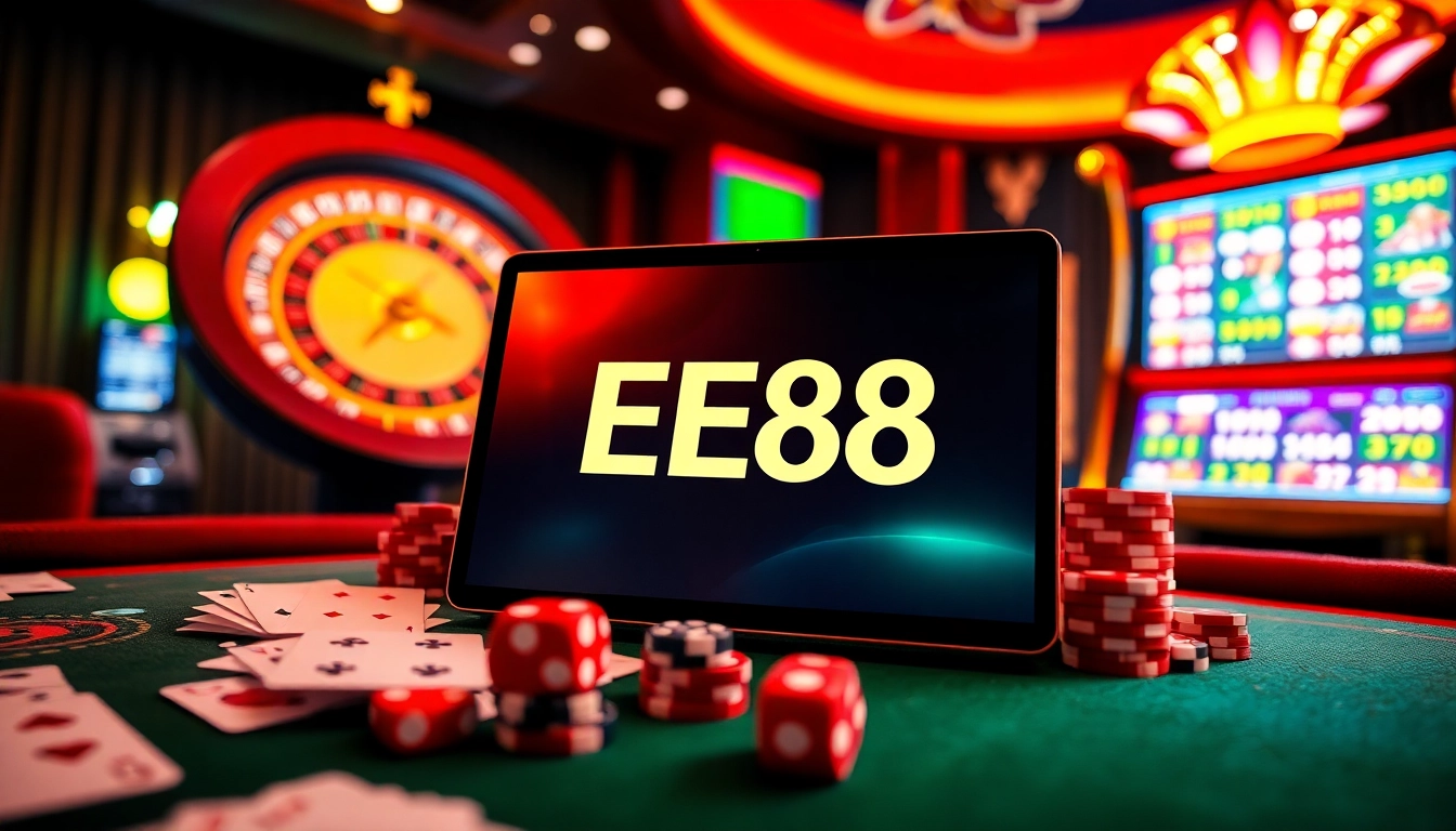 Experience the thrill of EE88 online gambling with vibrant casino elements like cards and roulette.