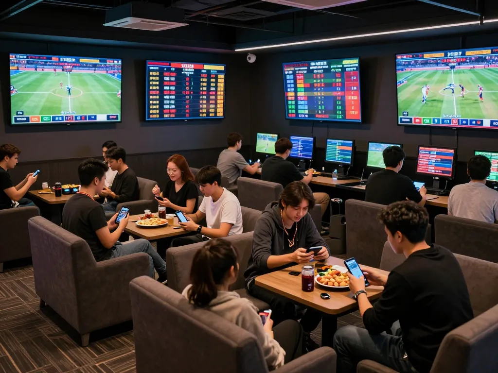 Engaging sports enthusiasts placing bets on 11BET in a lively betting lounge full of screens and excitement