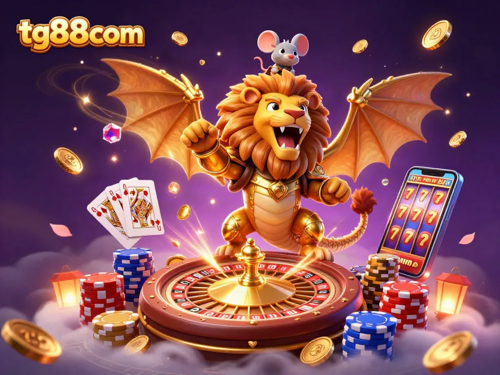 Experience tg88com's vibrant casino world with a dynamic 3D chimera, coins, and games.
