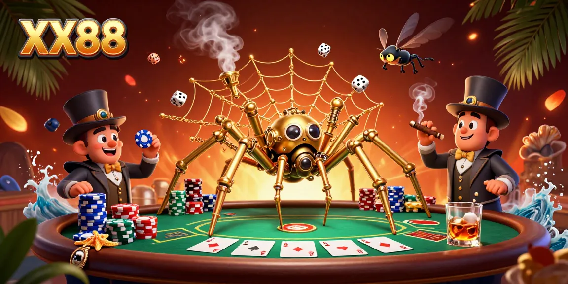 Experience the thrill of XX88 as the golden spider captures dice in this dynamic casino scene.