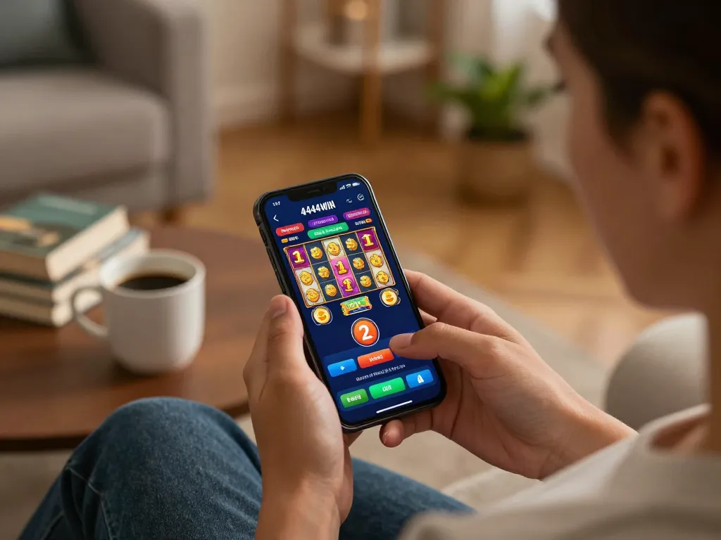 Engaging moment of a player spinning slots on the 4444WIN app for mobile gaming convenience.