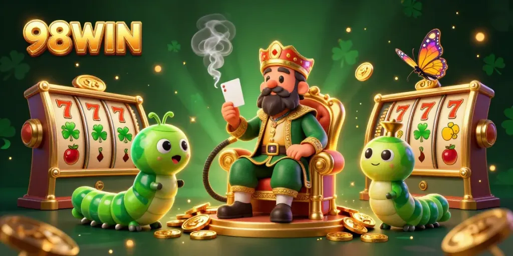Experience vibrant 98WIN slots action with a whimsical caterpillar blowing smoke rings in this captivating casino illustration.