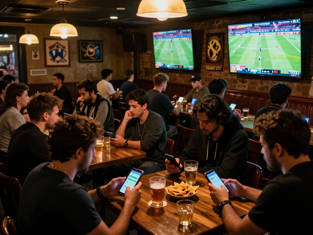 SboBet enthusiasts placing bets on their mobile devices in a vibrant sports bar atmosphere
