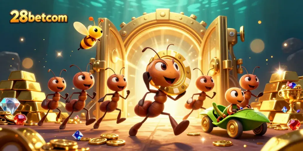 28betcom showcases ants stealing a golden poker chip during an underwater heist.
