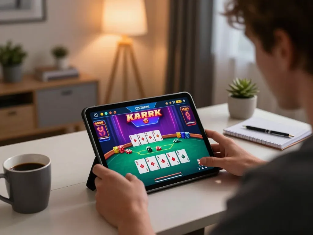 Engaging in strategic online poker with sunwingo at home, showcasing intense gameplay and cozy setup