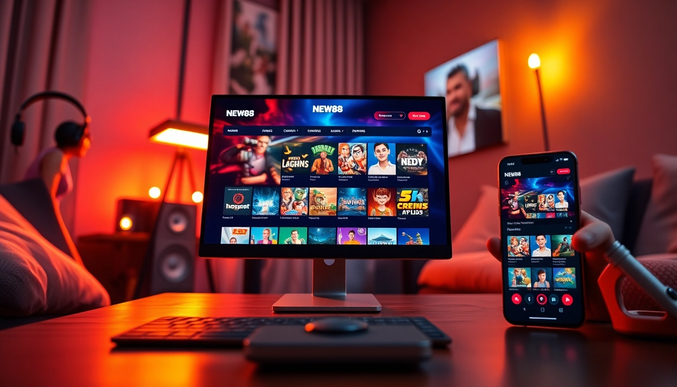 Engaging online gaming scene featuring new88go.com on a computer and mobile device interface.