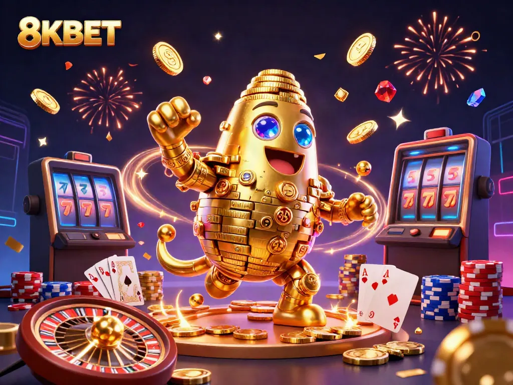 Experience thrilling gameplay with 8KBET's golden golem and casino elements in an exciting 3D scene.
