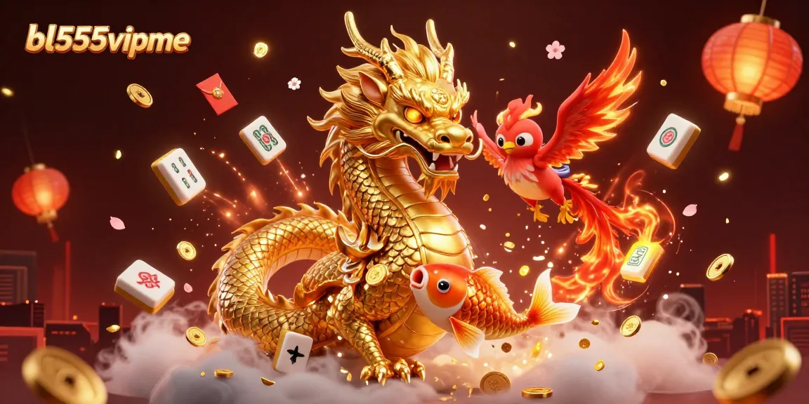 Engage with the electrifying world of bl555vipme as a golden dragon soars amidst coins and vibrant casino elements.