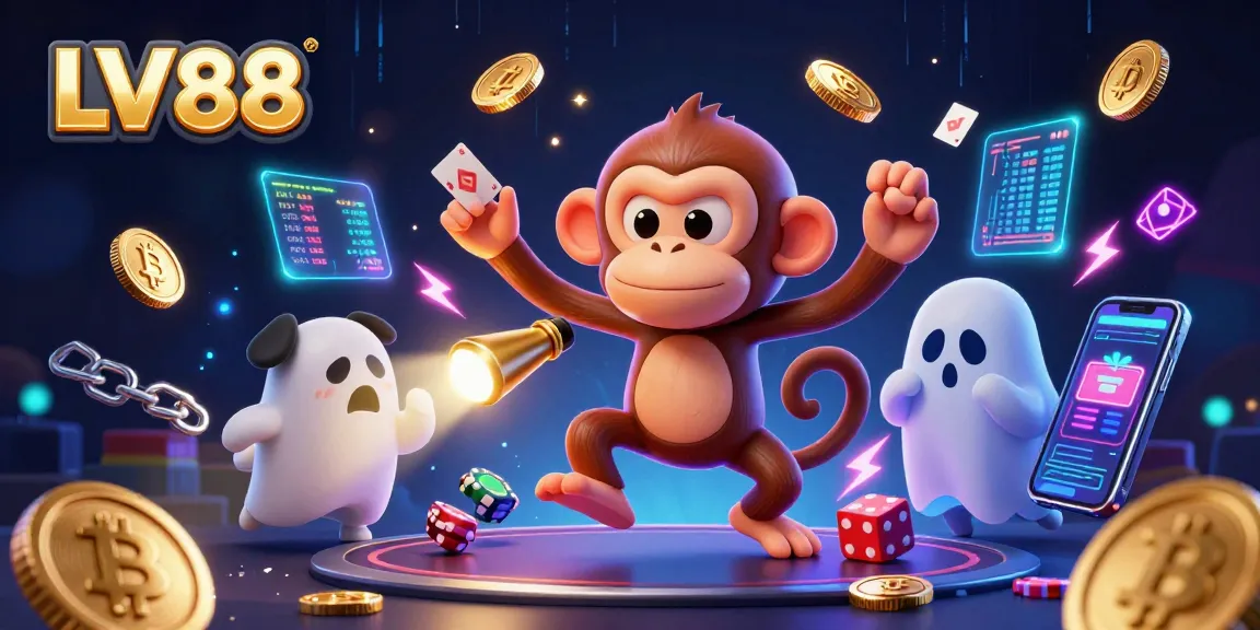Experience thrilling gameplay at LV88 with our dynamic casino scene featuring a mischievous monkey and ghost-hunting puppy.