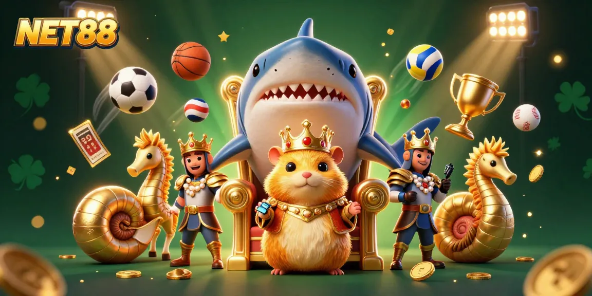 Experience NET88 with a fierce golden hamster king and vibrant sports betting elements in a dynamic illustration.