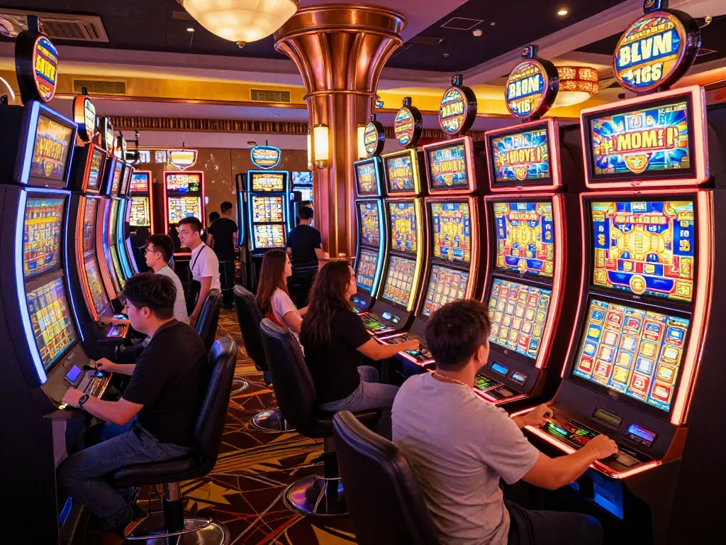 Players engaged at vibrant slot machines in a lively casino, showcasing the excitement of 7m gaming experiences