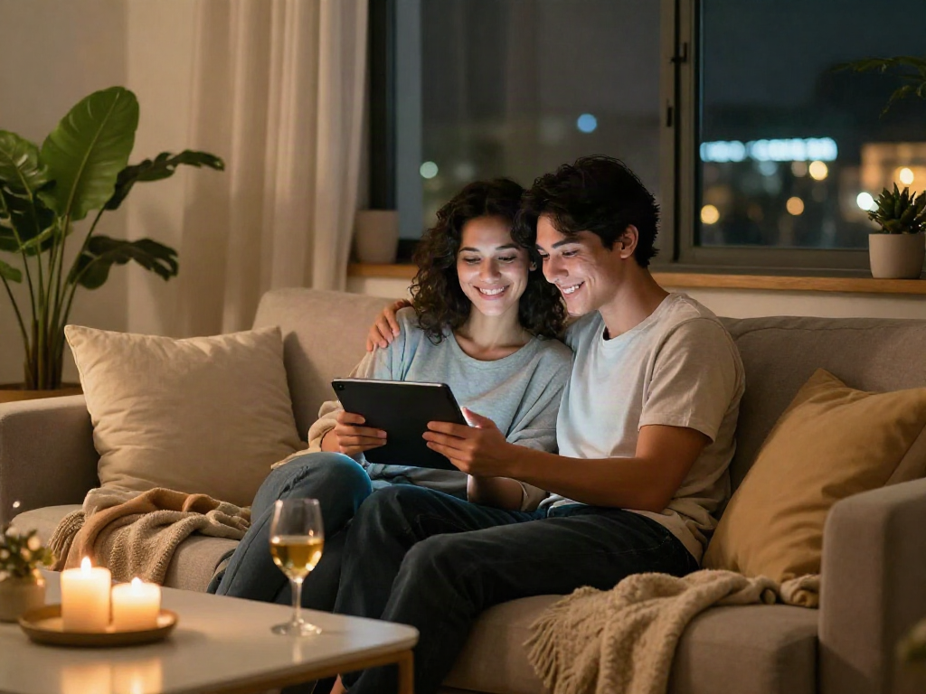 Engaging couple using a sex chat AI on a tablet in a cozy living room.