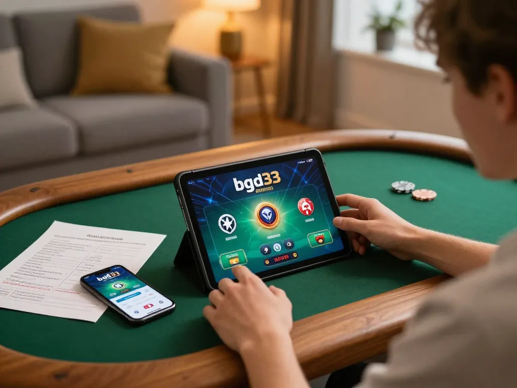 Lively online gaming scene with player using bgd33 app on tablet, filled with strategy notes and warm lighting.