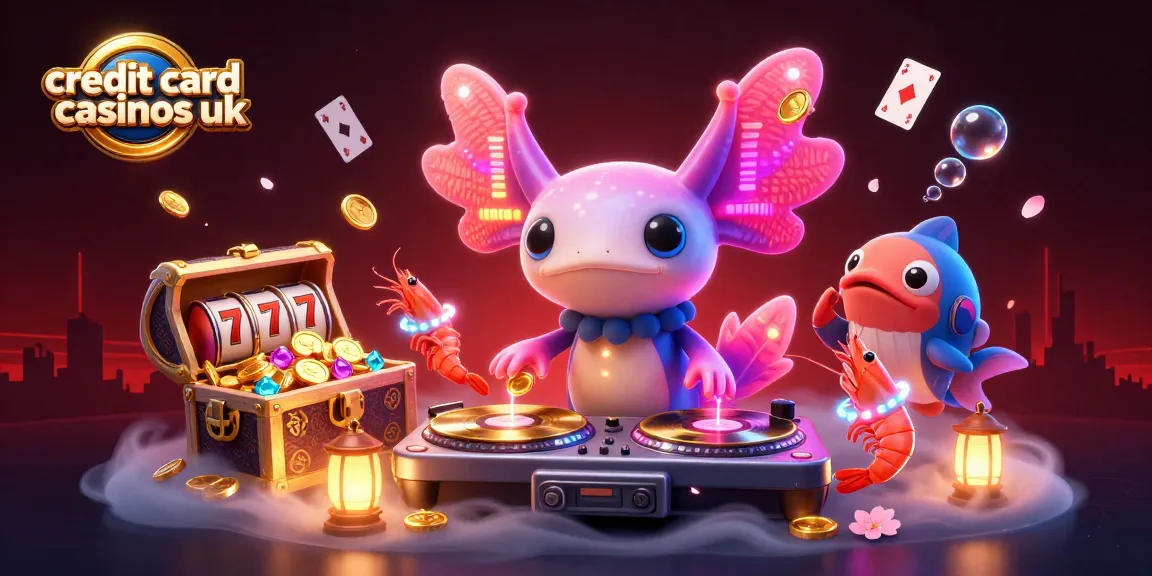 Engage with credit card casinos UK featuring a vibrant scene of an axolotl DJ and friends celebrating with slot reels.