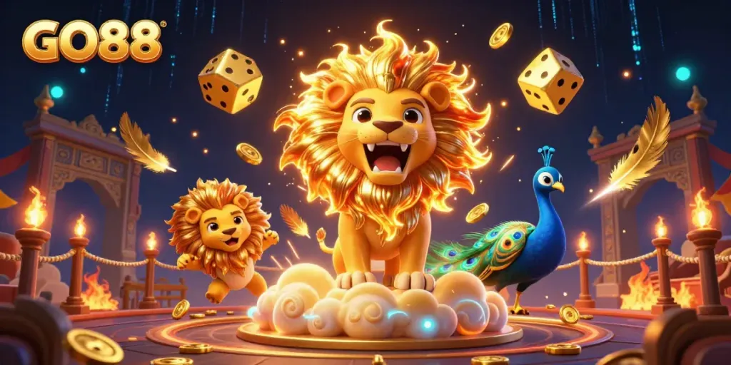 GO88 engages gamblers in a vibrant scene with a roaring lion and golden dice, showcasing exciting casino elements.
