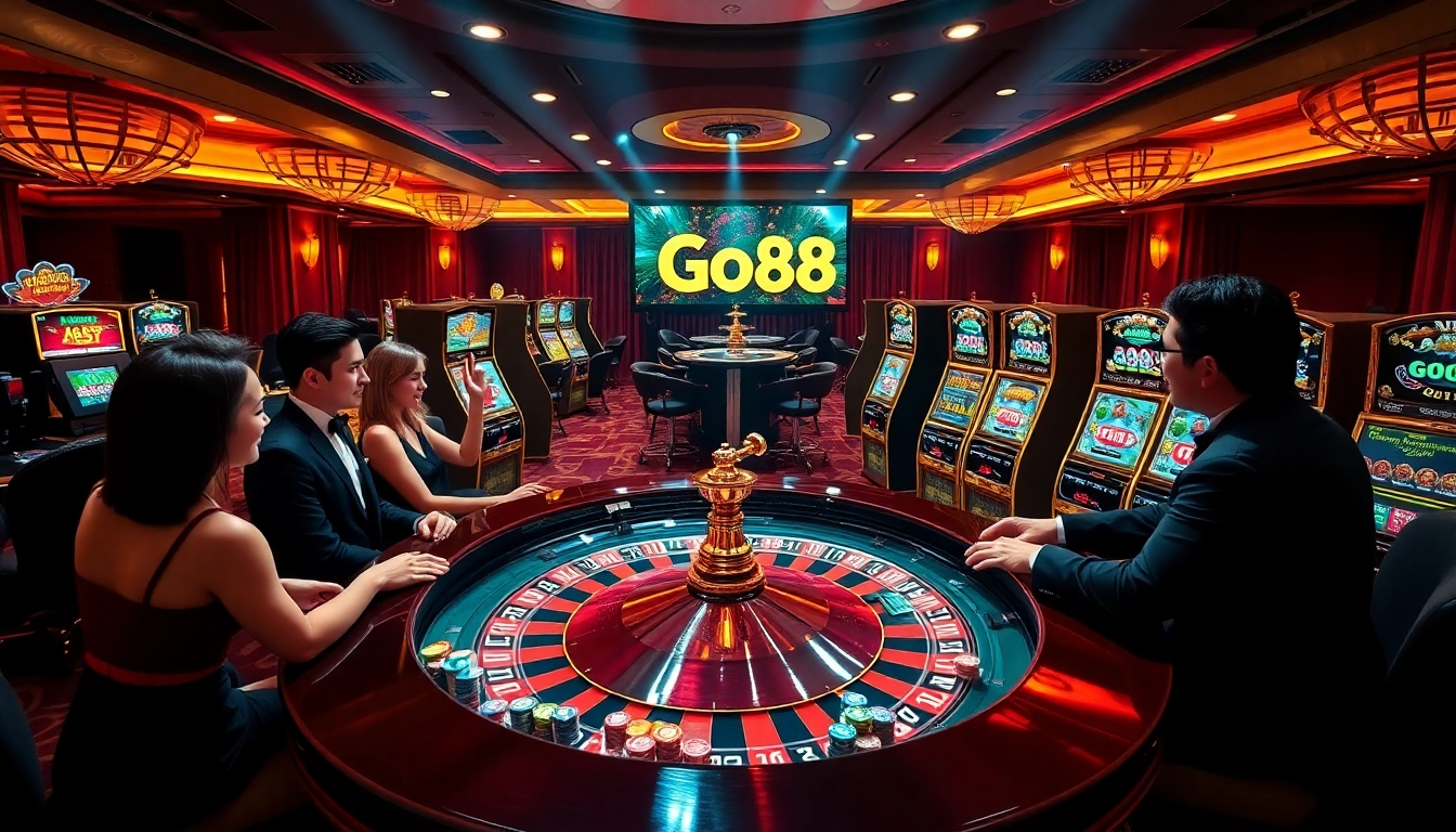 Players enjoying thrilling casino games at a go88-themed gaming area
