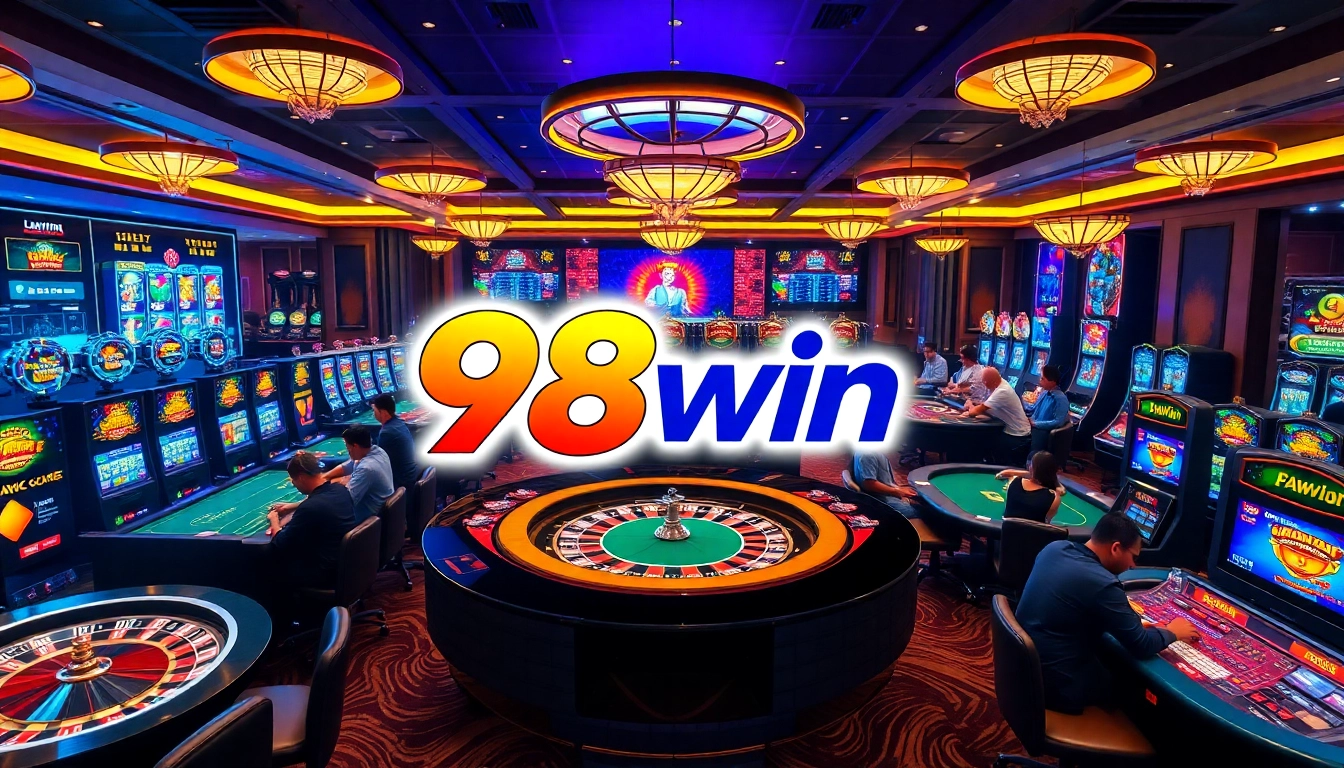 Players enjoy an exciting game of poker at 98win casino, showcasing vibrant colors and high stakes.