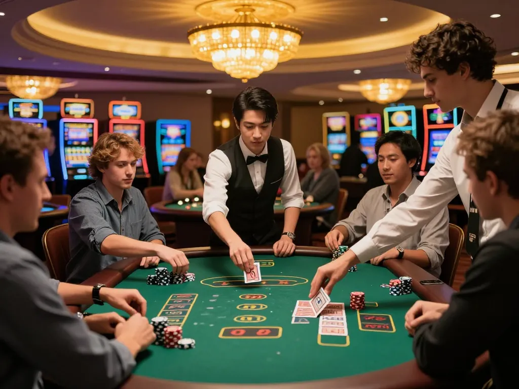 Players enjoy blackjack at the lively casino table while visiting https://lode884.co.com/ for winning strategies