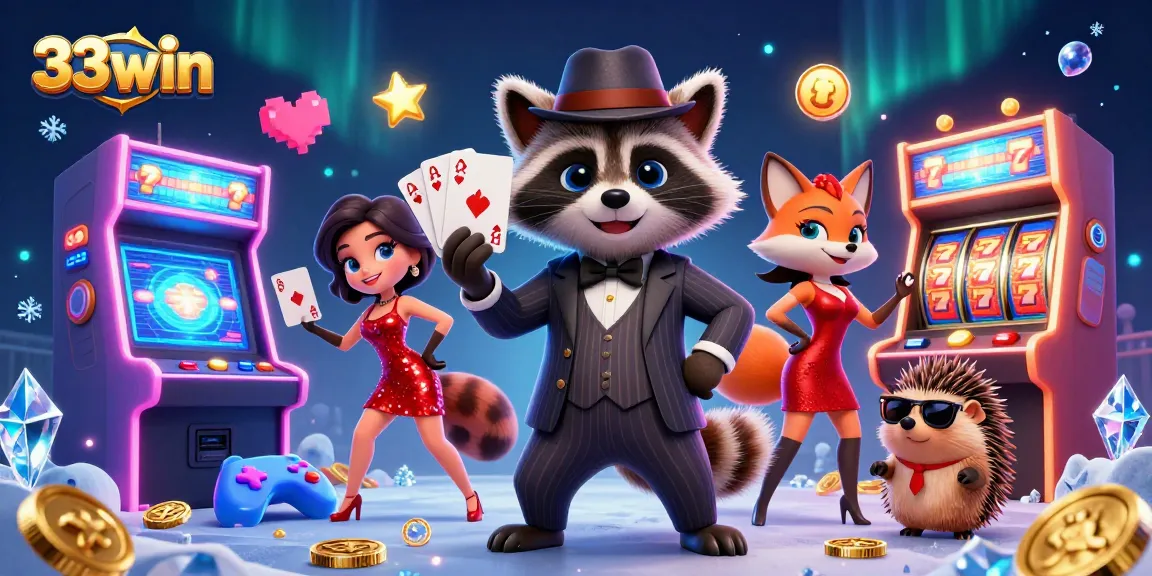 Play exciting games at 33win with a colorful scene featuring a raccoon holding a royal flush.
