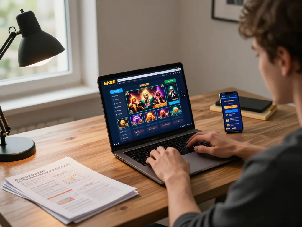 Engaging online gaming scene showing NK88 casino interface on laptop with strategy guides