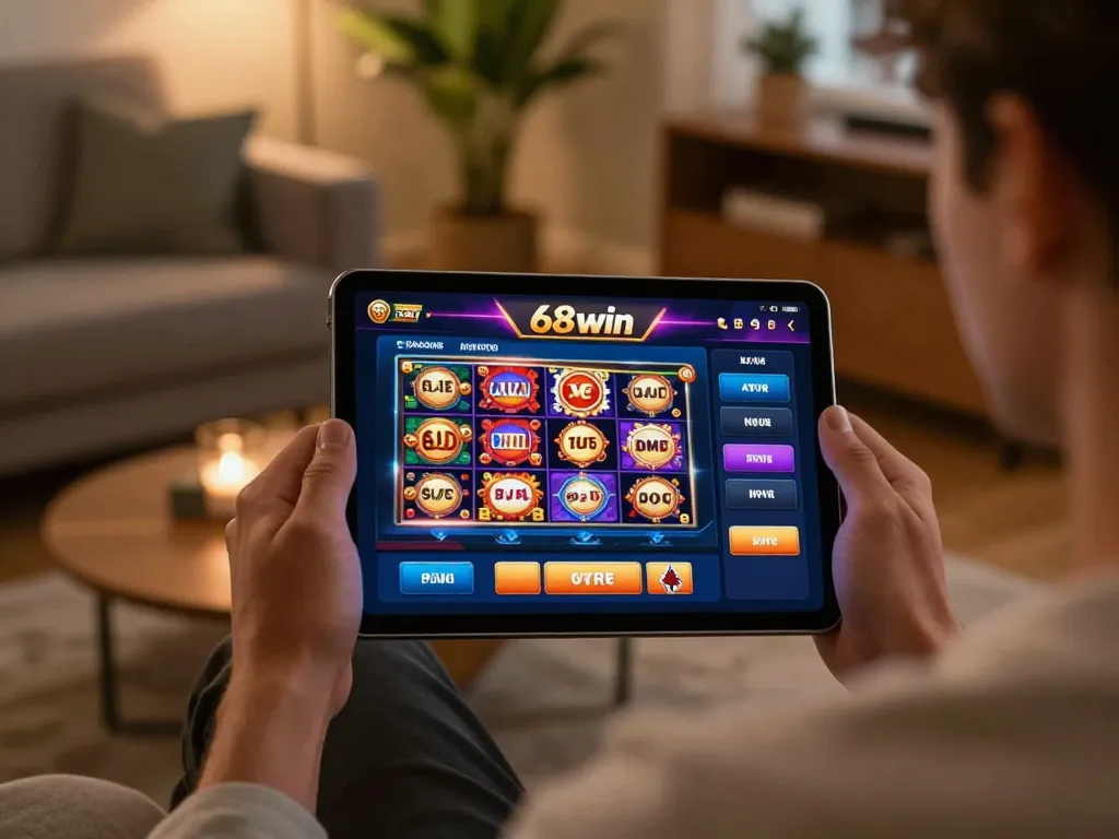 Player enjoying a vibrant 68win casino gaming session on a tablet in a cozy home setting.
