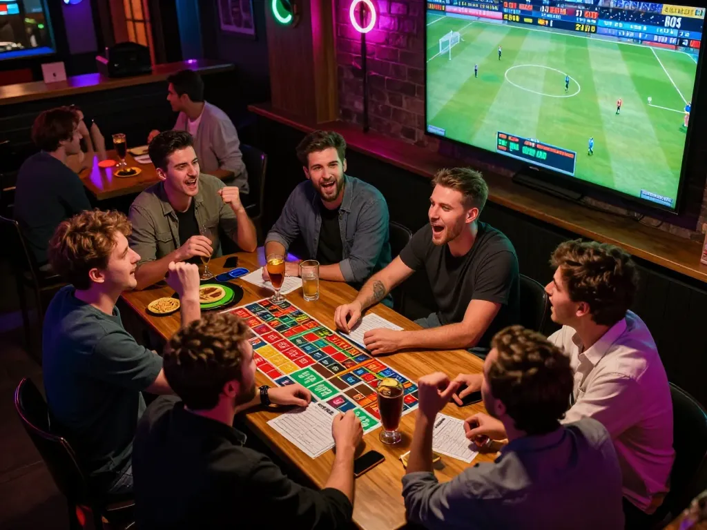 Friends enjoying sports betting at a lively bar, analyzing odds for better winnings on nhandinhkeonhacai.